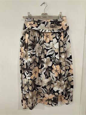 Vintage Laurel Black Floral Midi Skirt with Peach and Cream Blooms